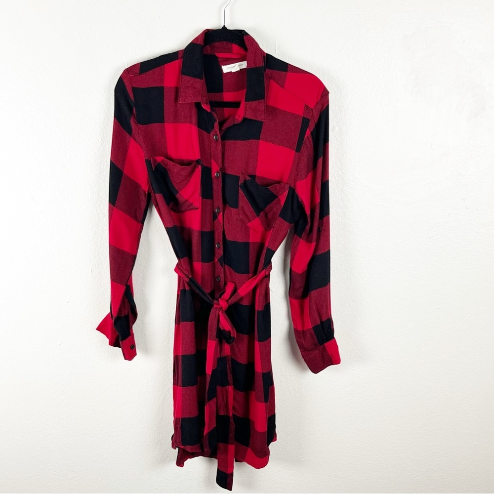 BEACH LUNCH LOUNGE Black & Red Checkered Belted Front Button Shirt Dress Small